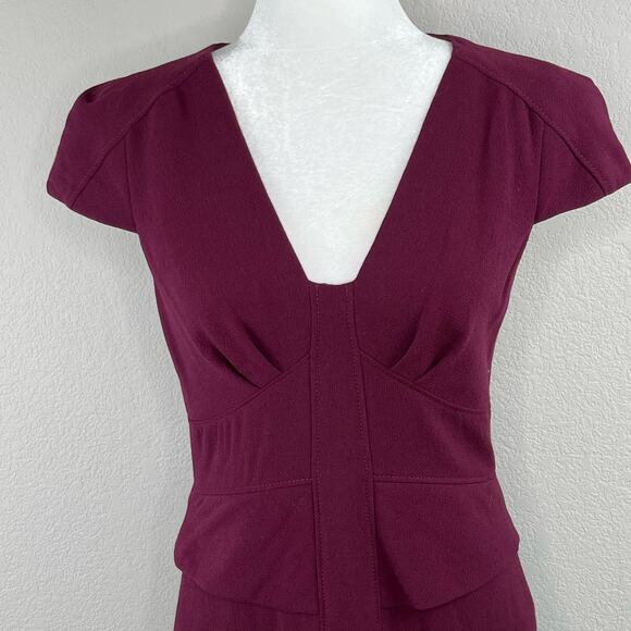 Tibi Maroon Knit Virgin Wool Short Sleeve V-Neck Peplum Mini Sheath Dress 6/SM - Picture 4 of 14